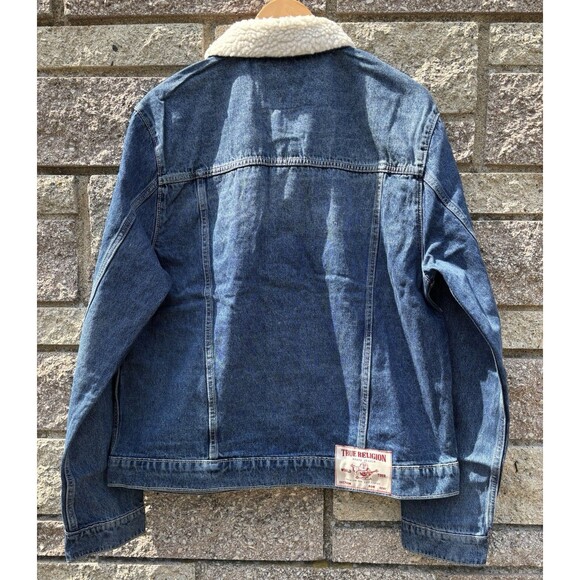 True Religion Sherpa Collar Denim Blizzard Wash  Western Trucker Jacket Large - Picture 8 of 8